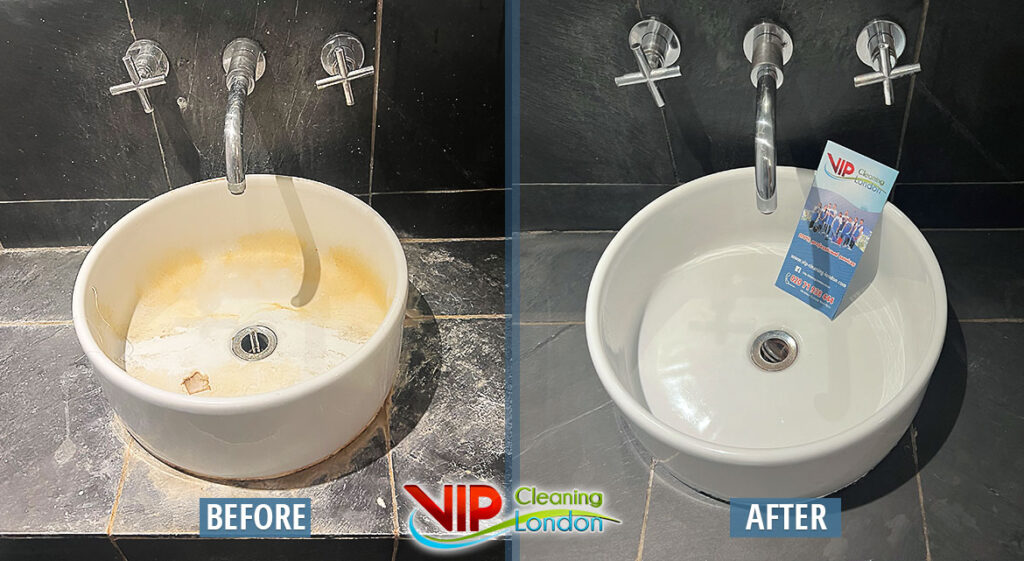 Bathroom End of Tenancy Move-in Move-out cleaning service. Before after cleaning ceramic sink, faucet and worktop